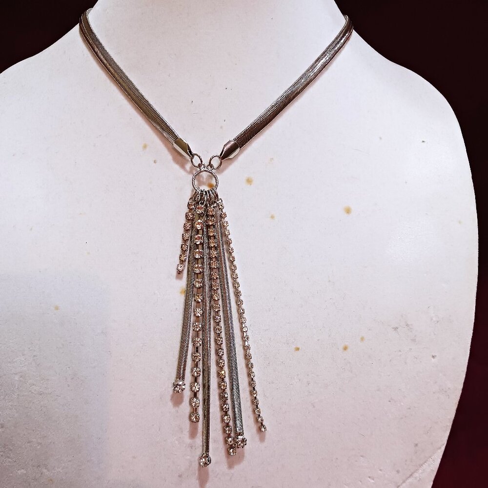 Handmade Silver Tone Rhinestone Sparkle Fringe Fashion Choker Necklace - Picture 4 of 9